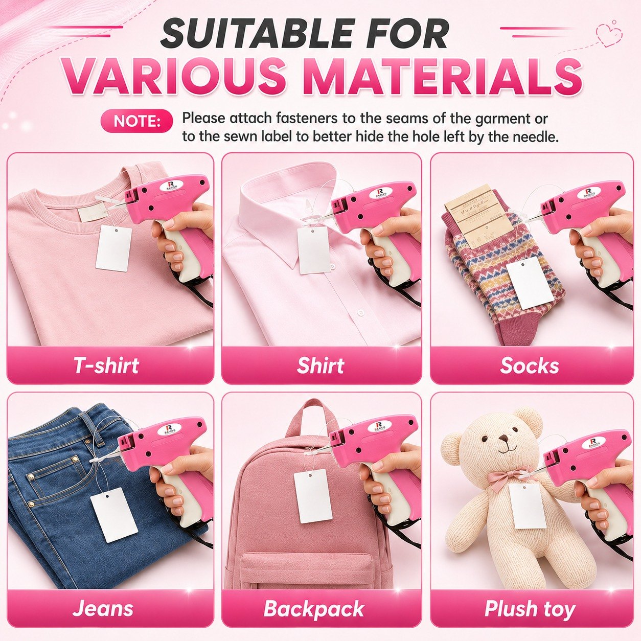 Clothing stitch gun on t-shirts, shirts, socks, jeans, backpacks and plush toys