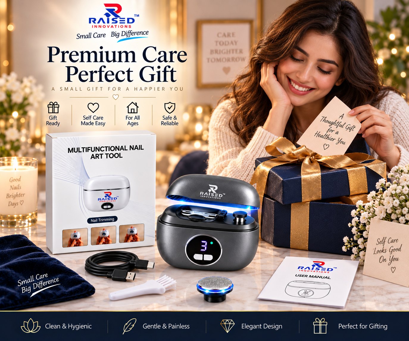 Raised Innovations electric nail clipper gift set with retail box