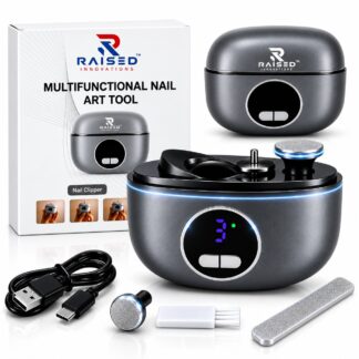 Raised Innovations electric nail clipper with retail box, extra grinding head, cleaning brush, nail file and USB-C cable