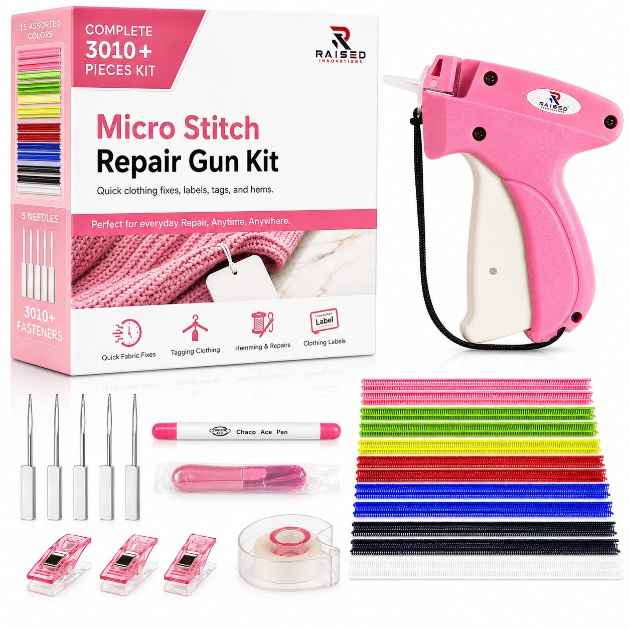 Raised Innovations Micro Stitch Repair Gun Kit with fasteners, needles, guide clips, pen and fashion tape