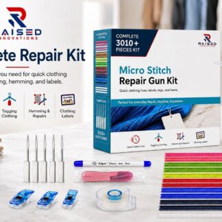 Raised Innovations blue micro stitch repair gun kit with 3010+ pieces for clothing fixes, tagging, hemming and labels