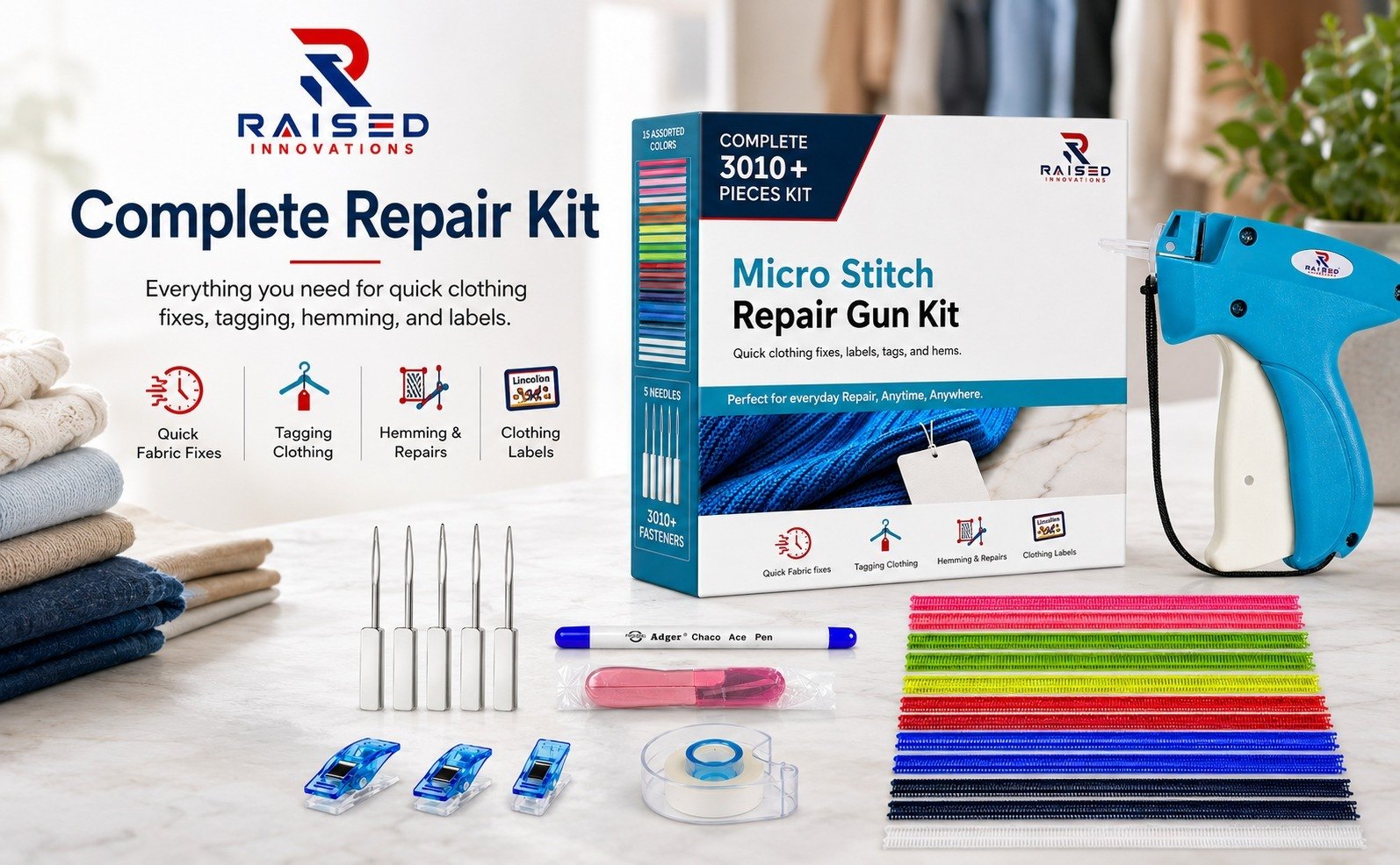 Raised Innovations blue micro stitch repair gun kit with 3010+ pieces for clothing fixes, tagging, hemming and labels